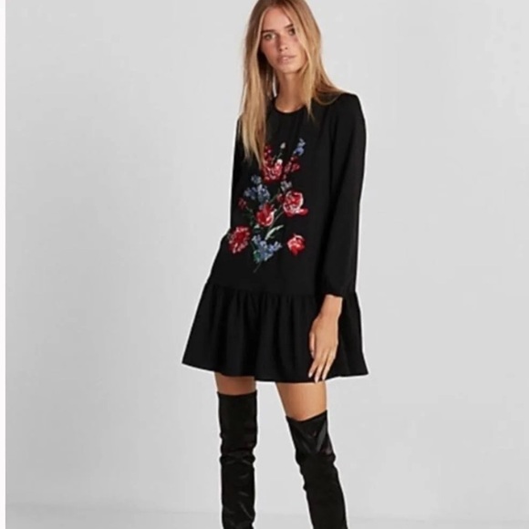 Express Dresses & Skirts - Express black embroidered floral flounce dress size small